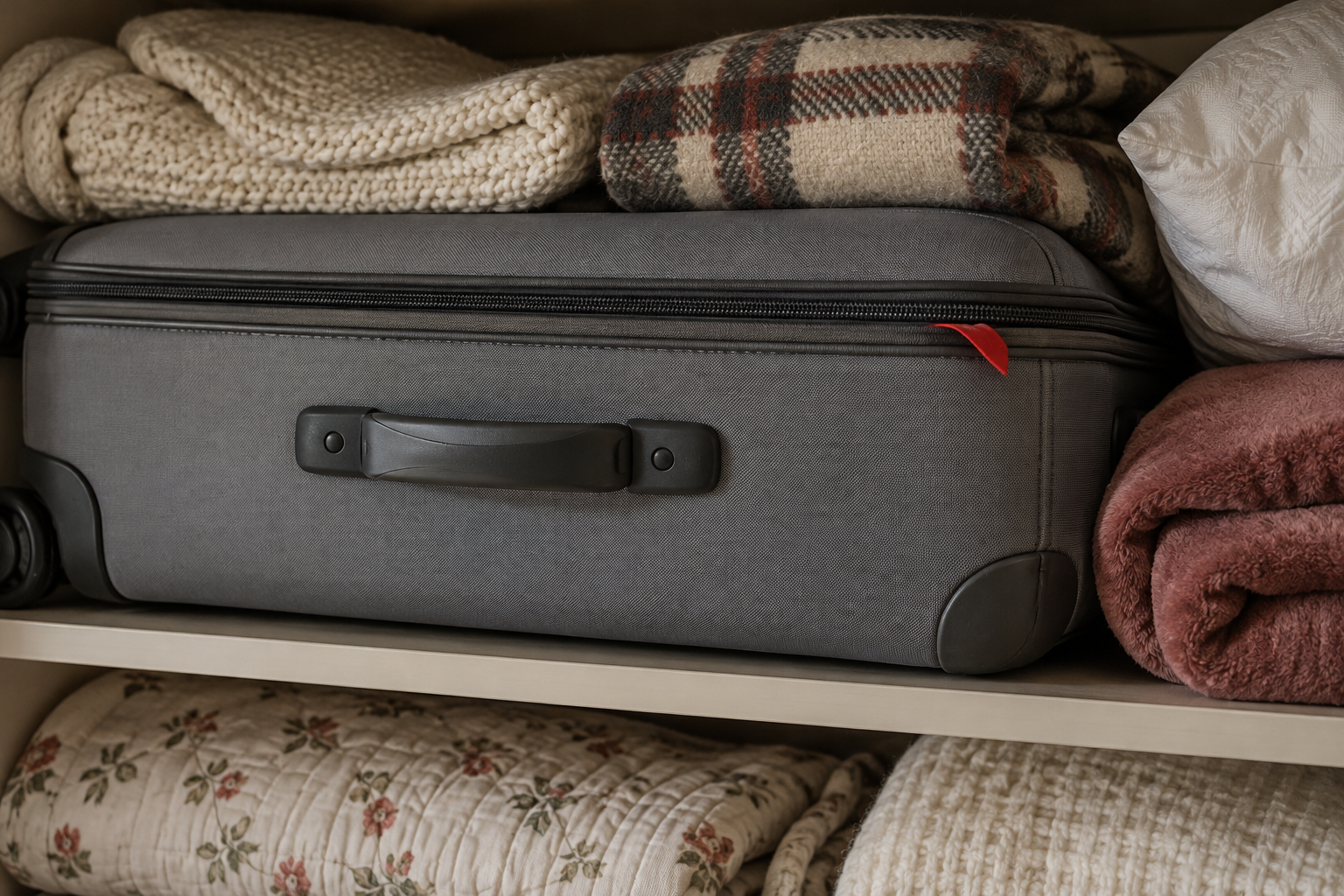 Grey suitcase on a closet shelf with a red ribbon showing at the zip