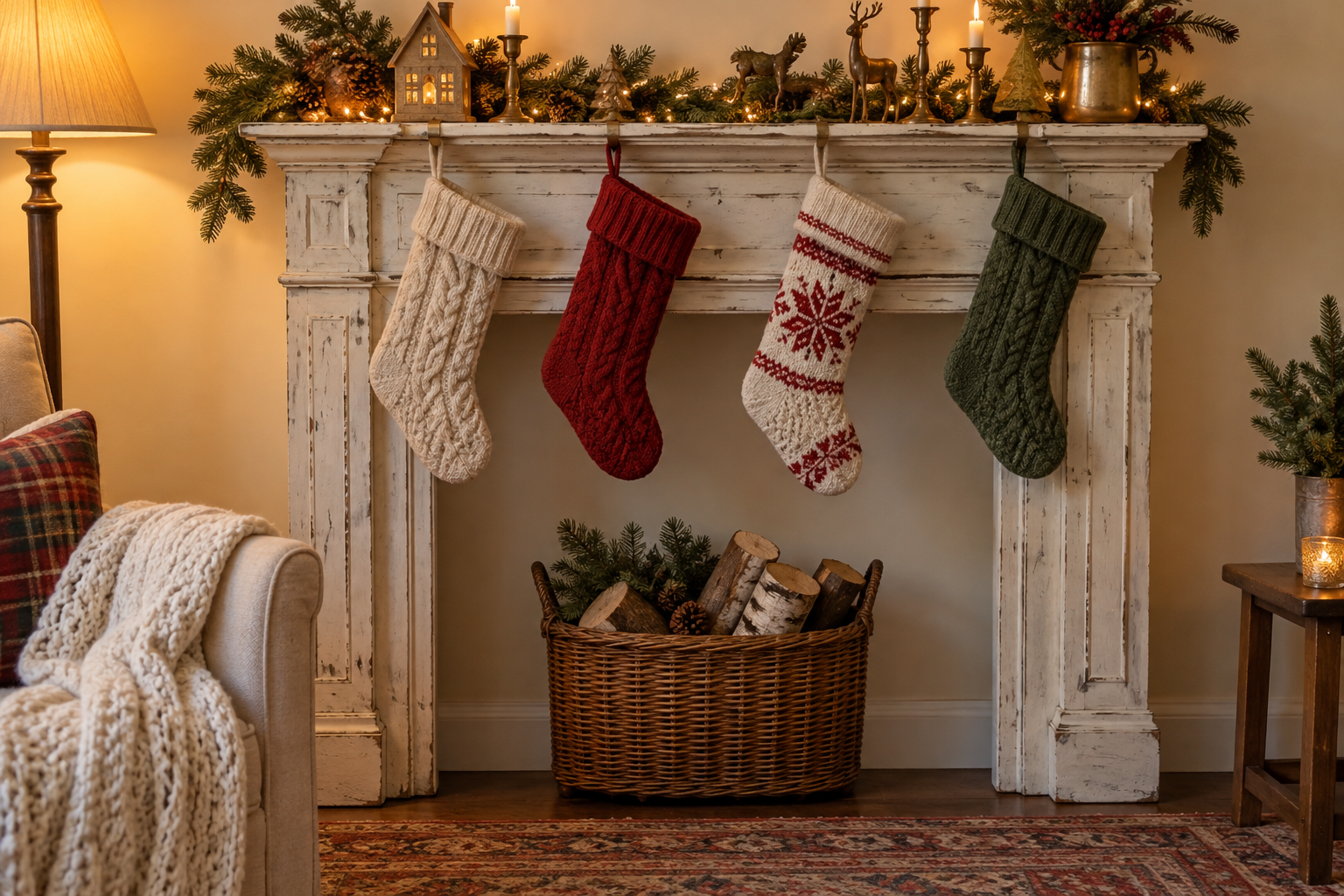 Antique white mantel leaned against a wall with stockings and a basket of logs