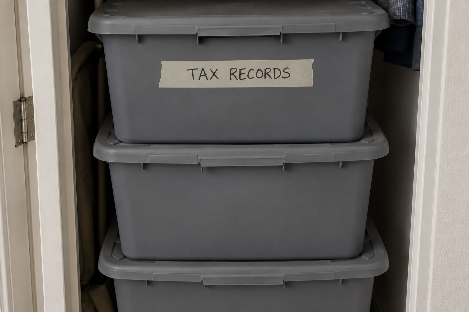 Stack of grey storage totes, the top one labelled tax records