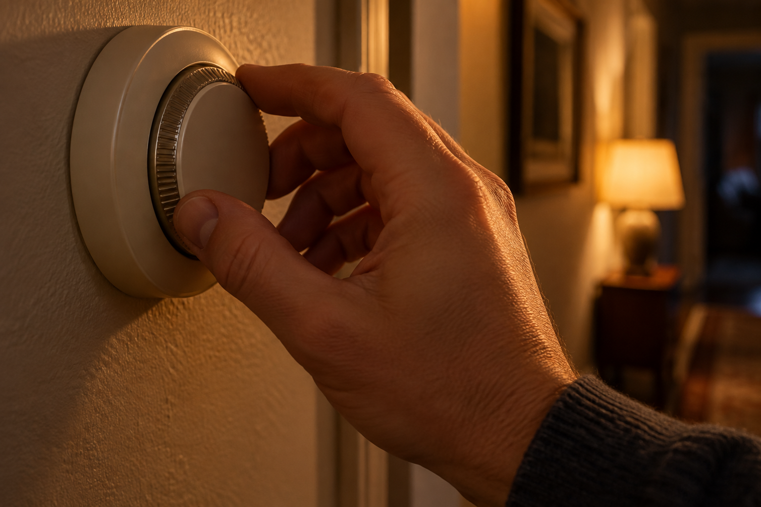 Hand turning a round wall thermostat down in a dim hallway at night