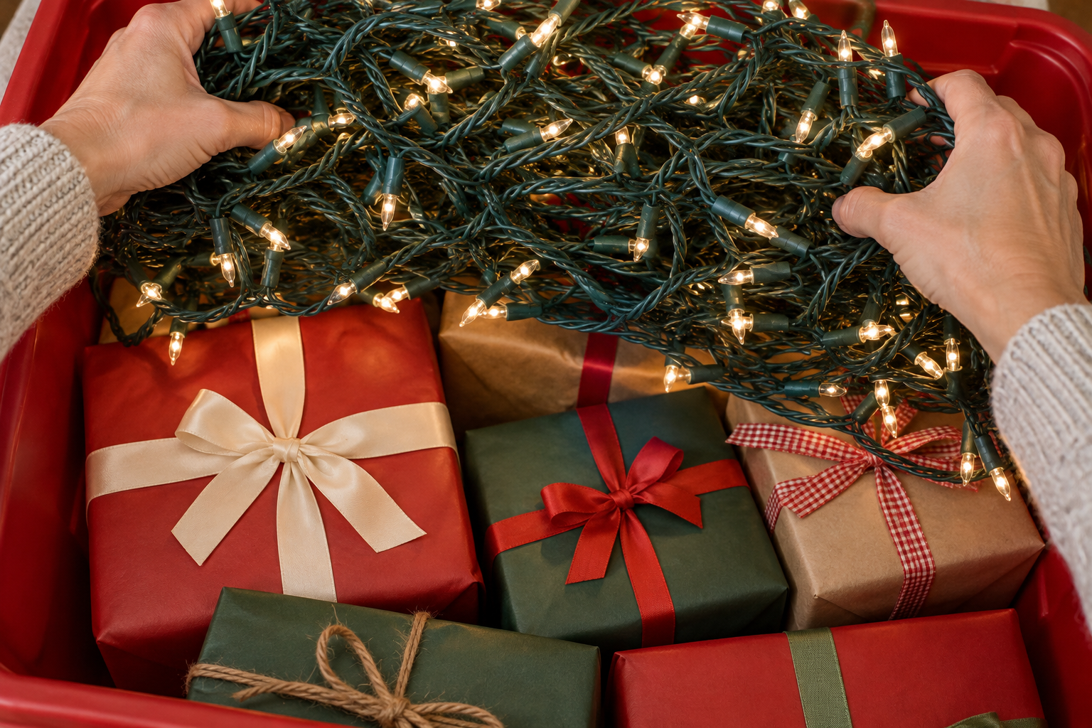 Hands lifting string lights out of a storage bin to show wrapped presents underneath