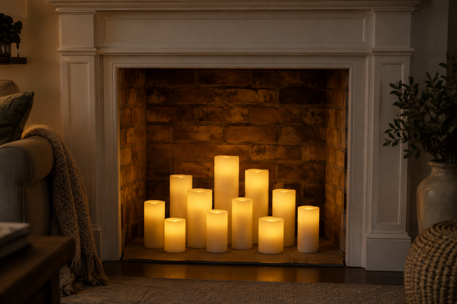 Faux fireplace opening filled with glowing flameless pillar candles