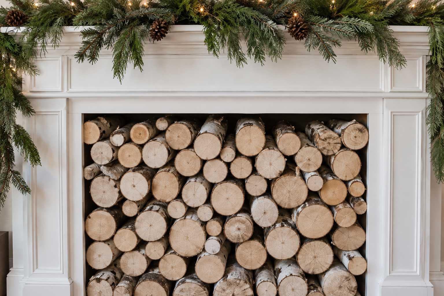 Faux fireplace opening stacked with white birch logs