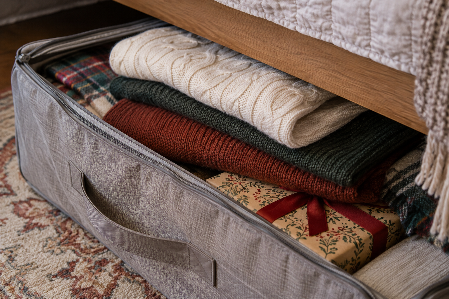 Under-bed storage bag with sweaters on top of a wrapped present