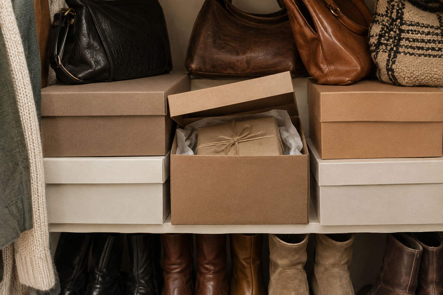 Closet shelf of boot boxes and handbags with a small wrapped gift in one box