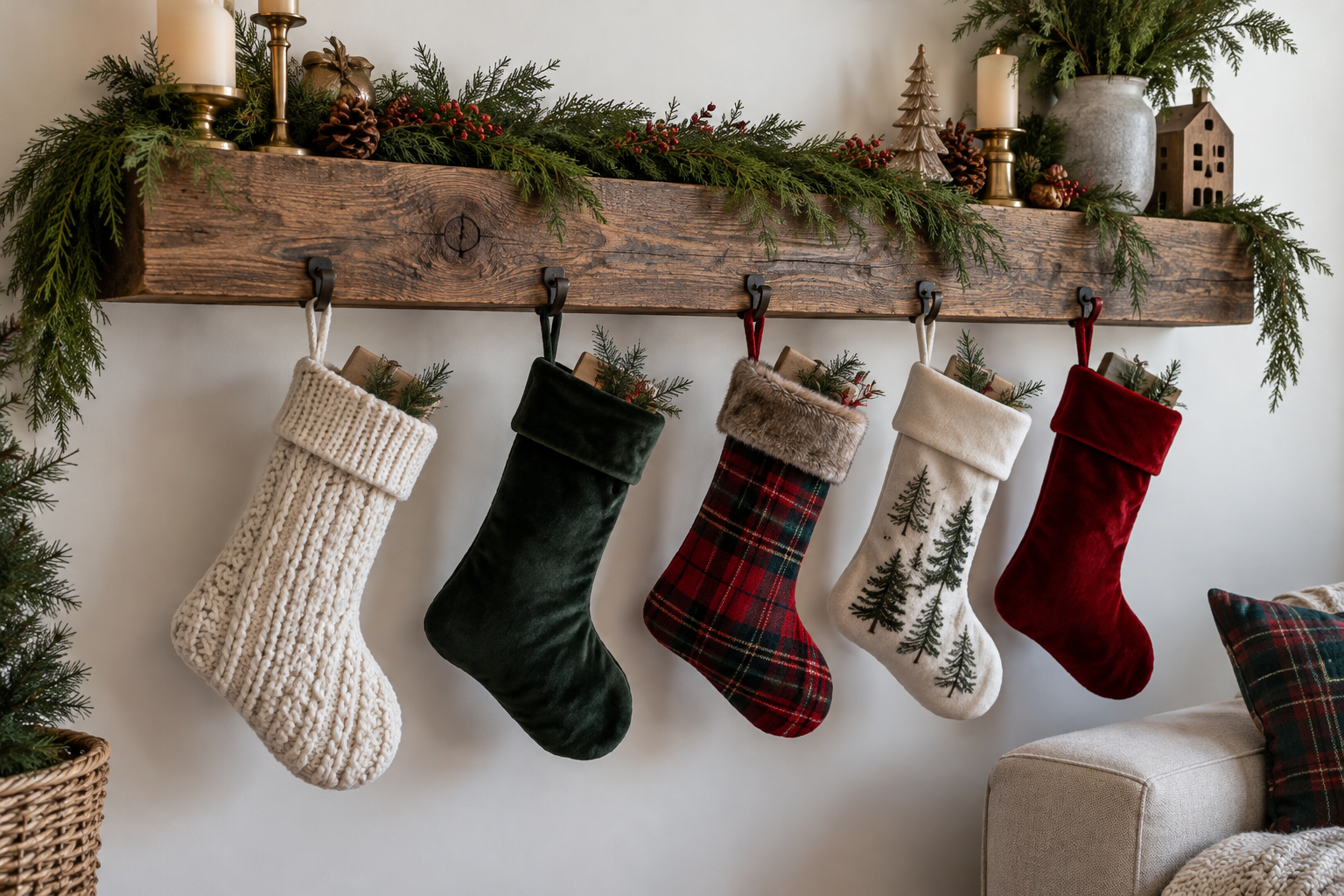 Rustic floating mantel shelf with stockings and a garland on a blank wall