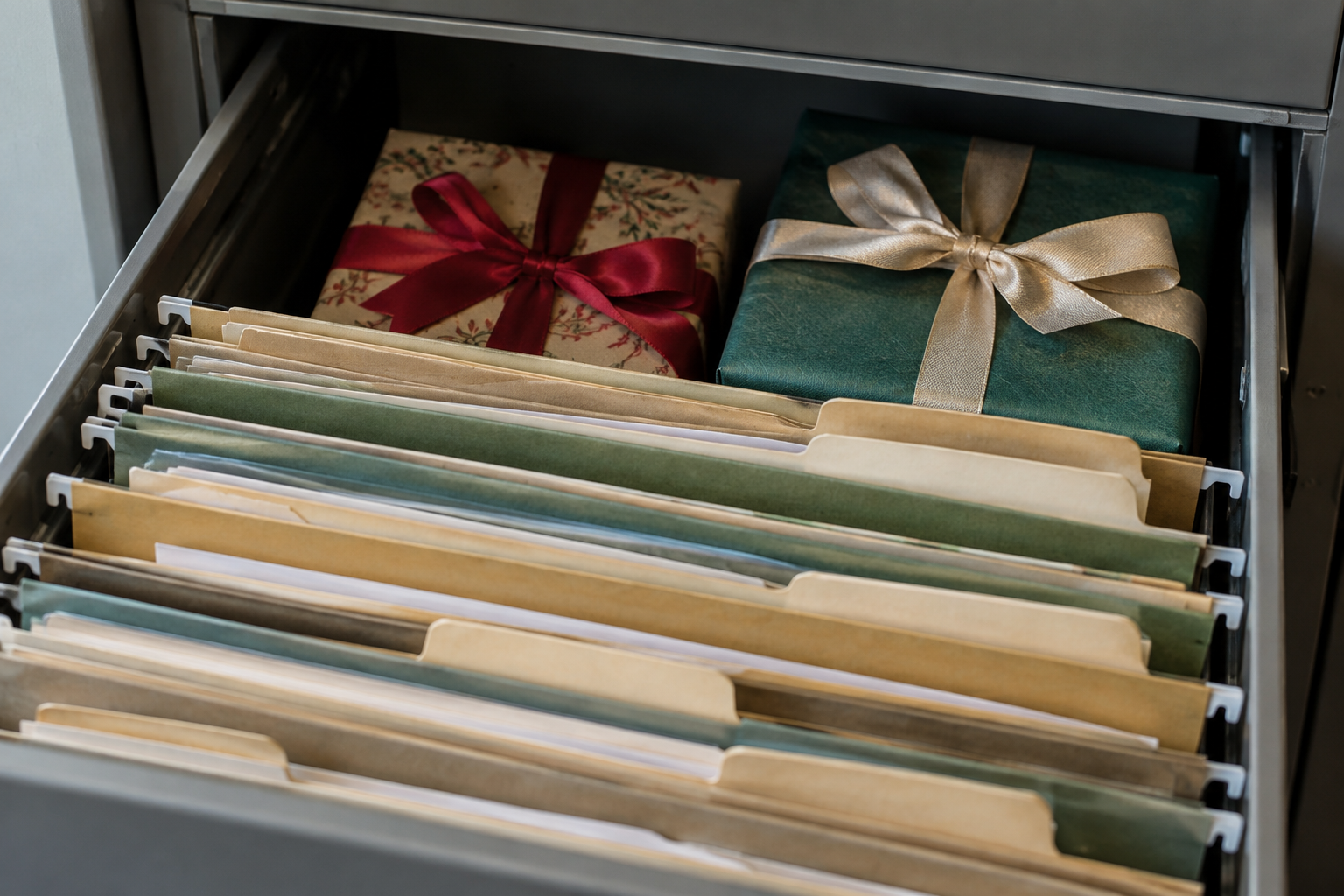 Filing cabinet drawer with wrapped gifts tucked behind the folders