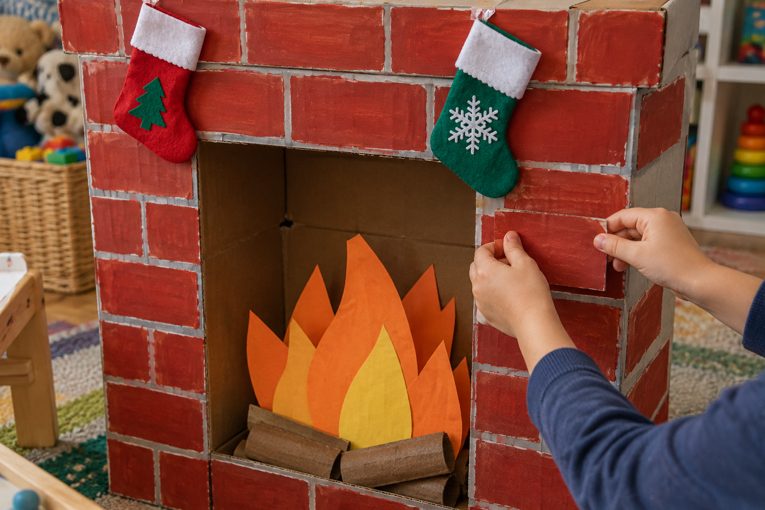 Cardboard fireplace painted as brick with paper flames and small stockings