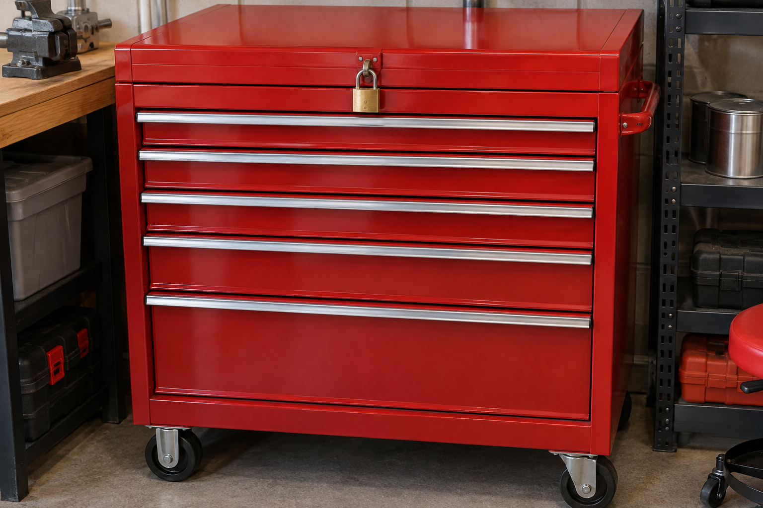 Red tool chest in a garage with a padlock on the lid