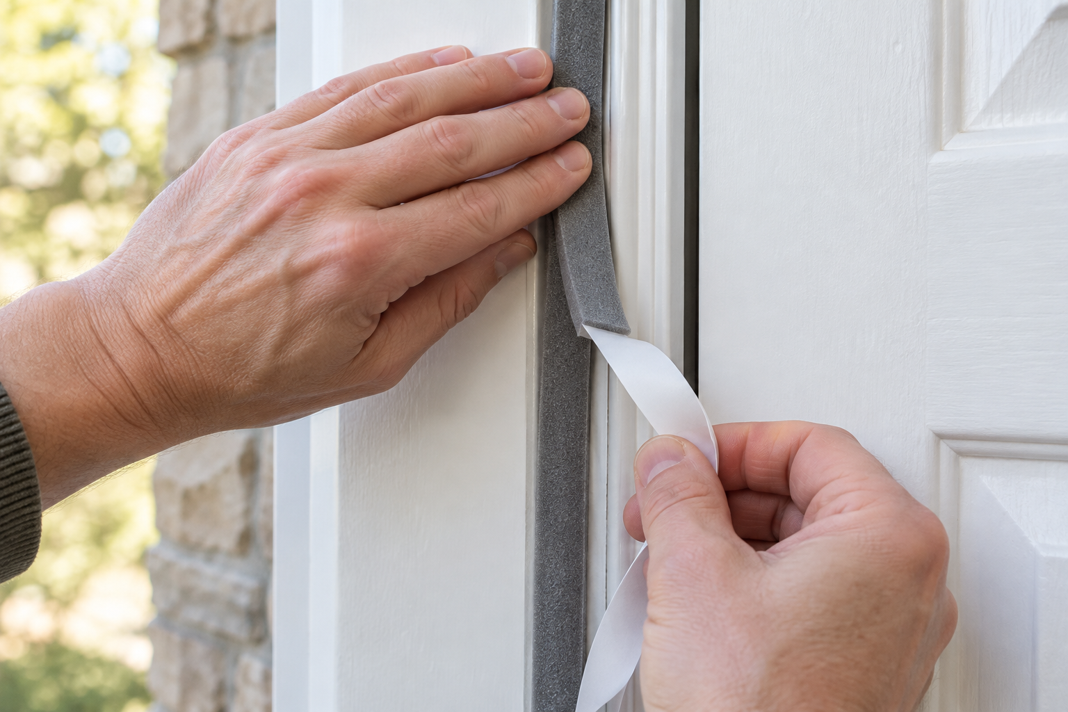 Hands pressing foam weatherstripping tape along a door frame