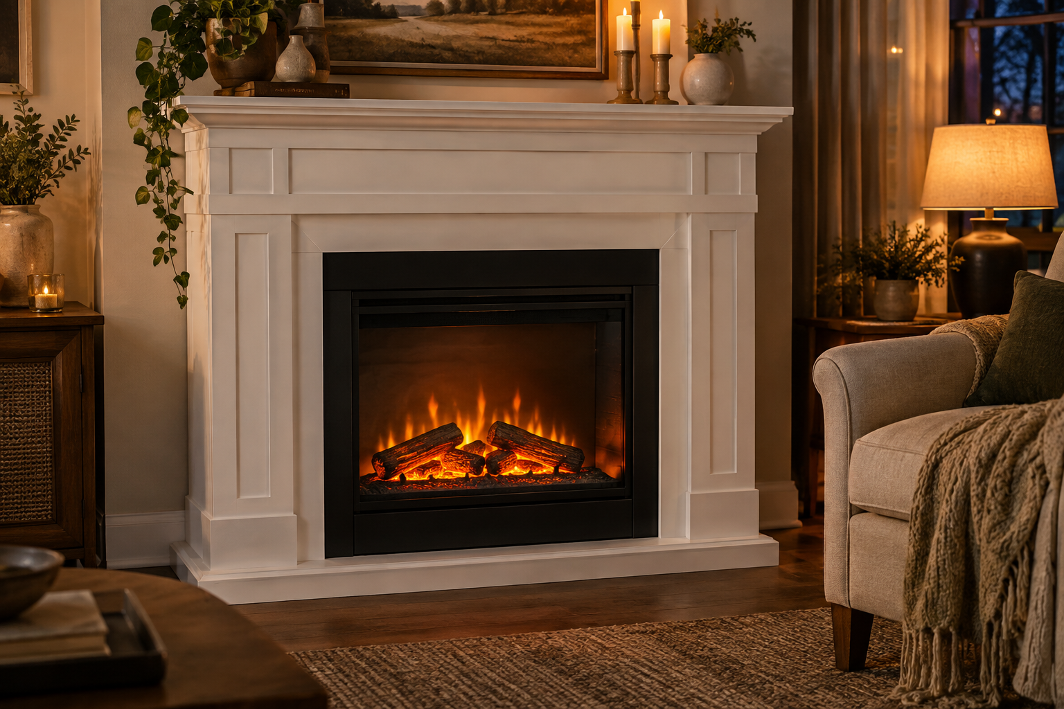 White fireplace surround with a glowing electric insert in a living room