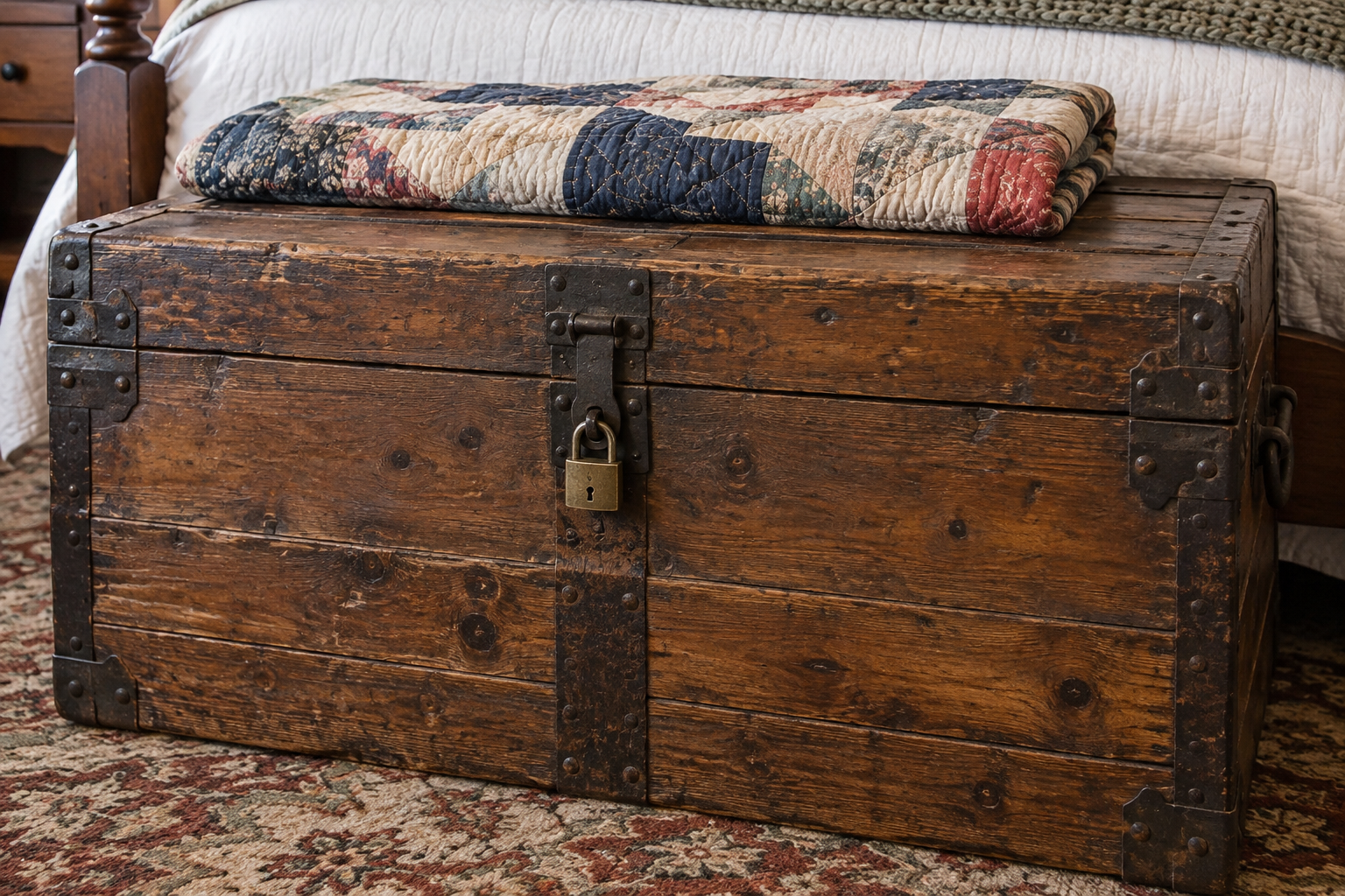 Wooden trunk with a padlock at the foot of a bed with a quilt on top