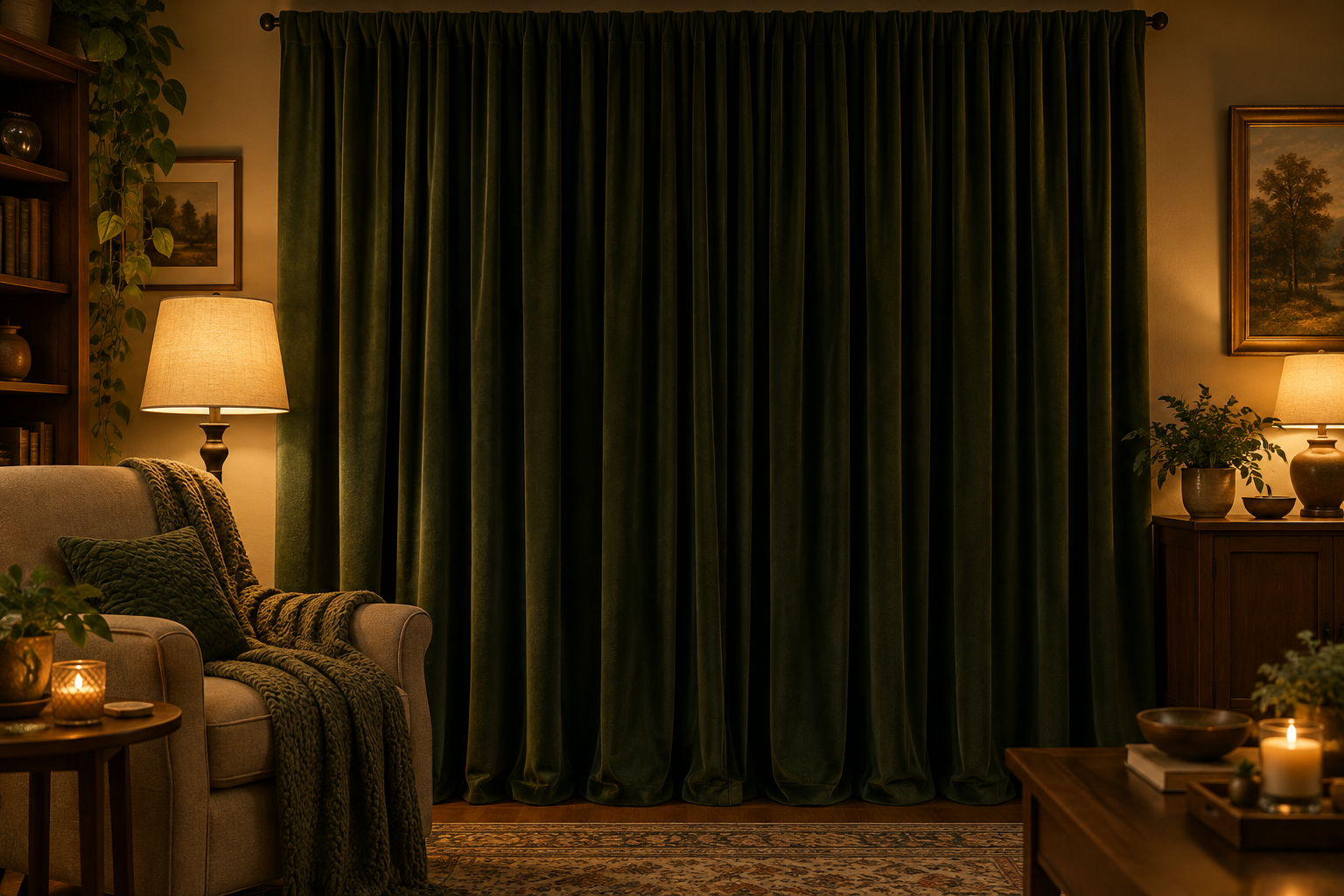 Heavy green floor-length curtains closed over a window at night