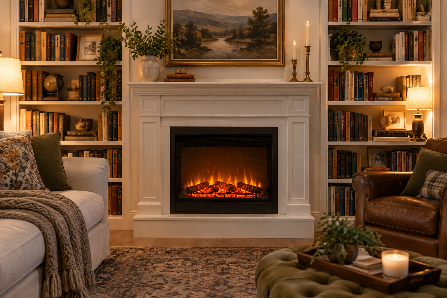 Fireplace surround with an electric insert between two tall built-in bookcases