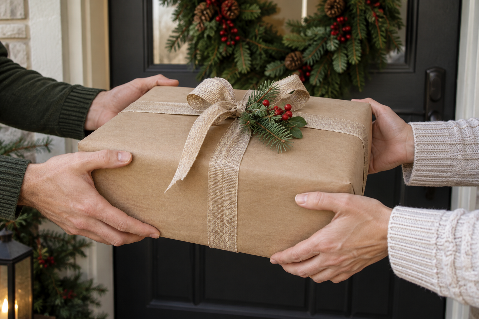 Hands passing a large wrapped parcel across a front doorstep
