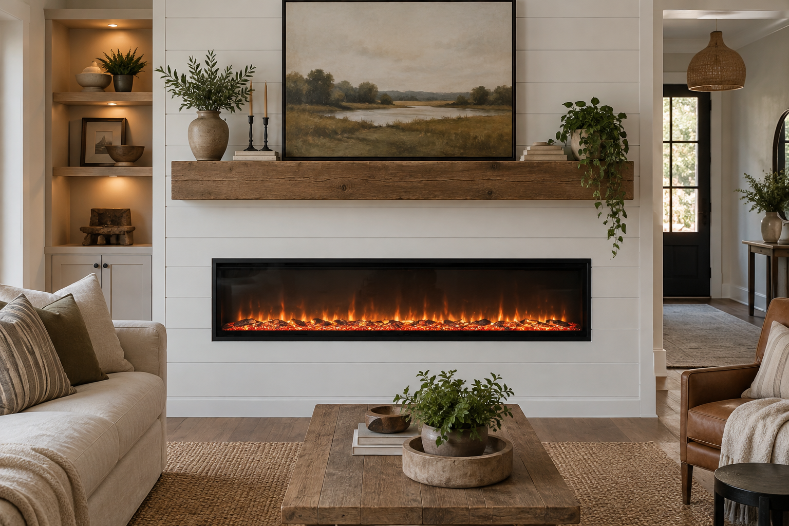 White shiplap bump-out wall with a linear recessed electric fireplace and wood mantel