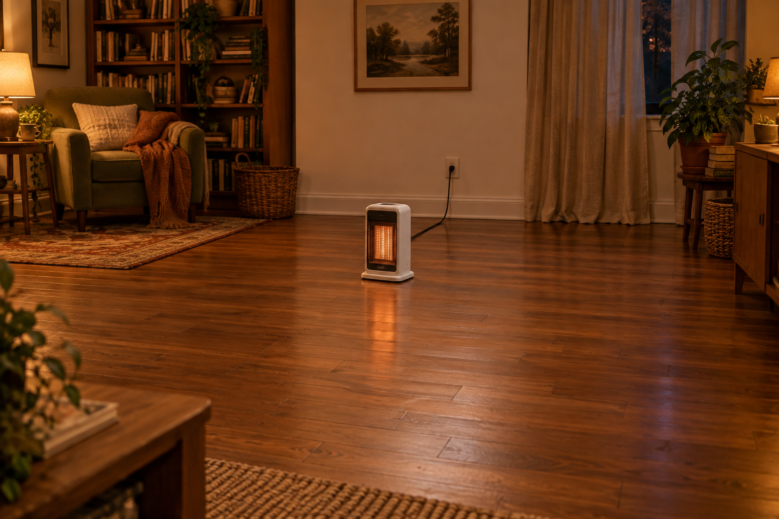 Small space heater on an open wooden floor with plenty of clear space around it