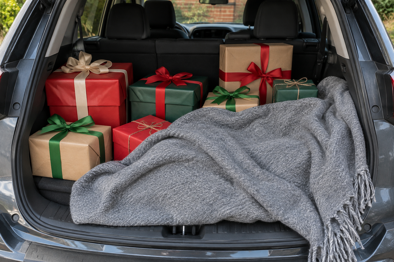 Car trunk with wrapped presents half covered by a grey blanket