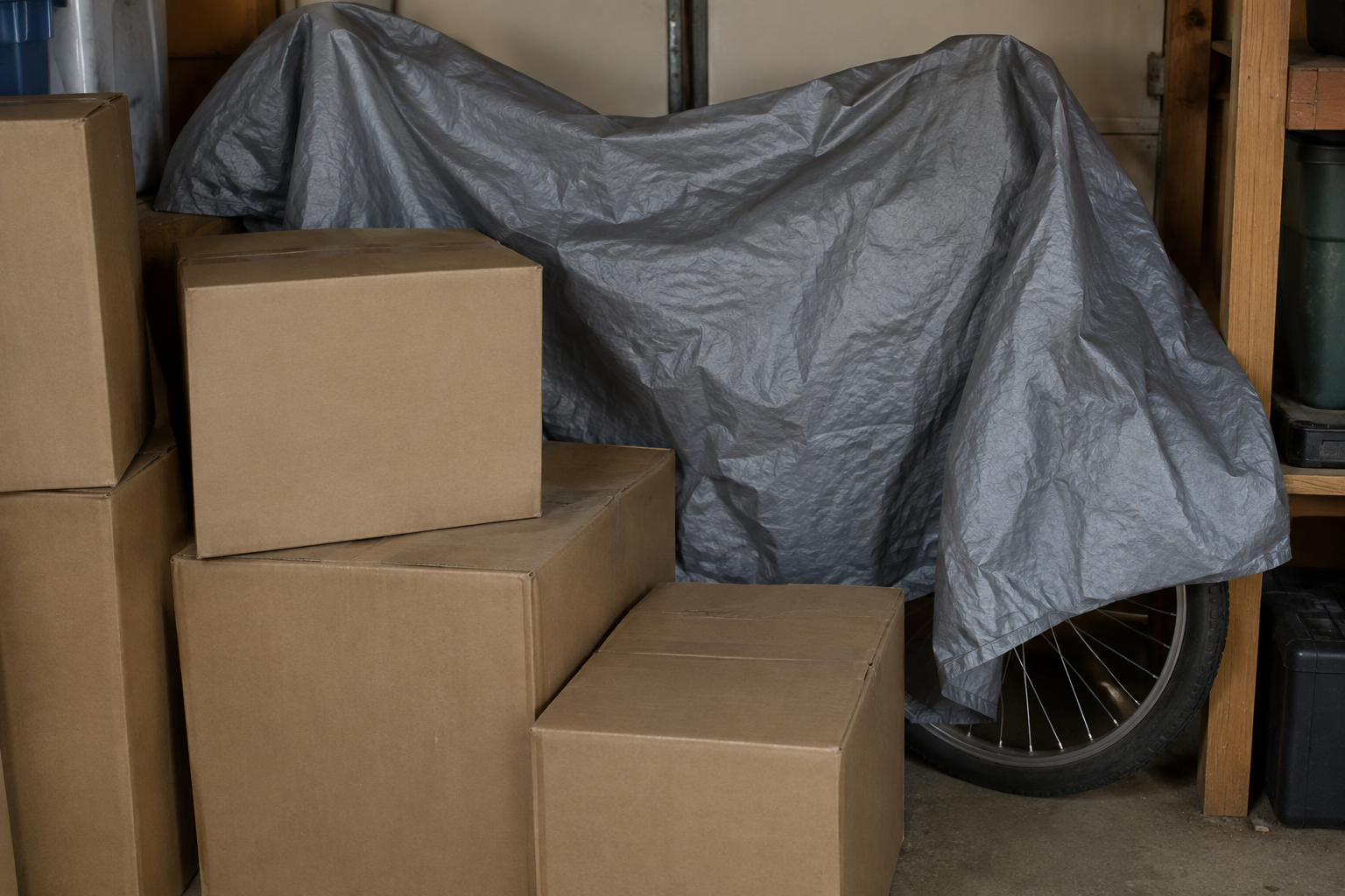 Bike hidden under a grey tarp behind cardboard boxes in a garage