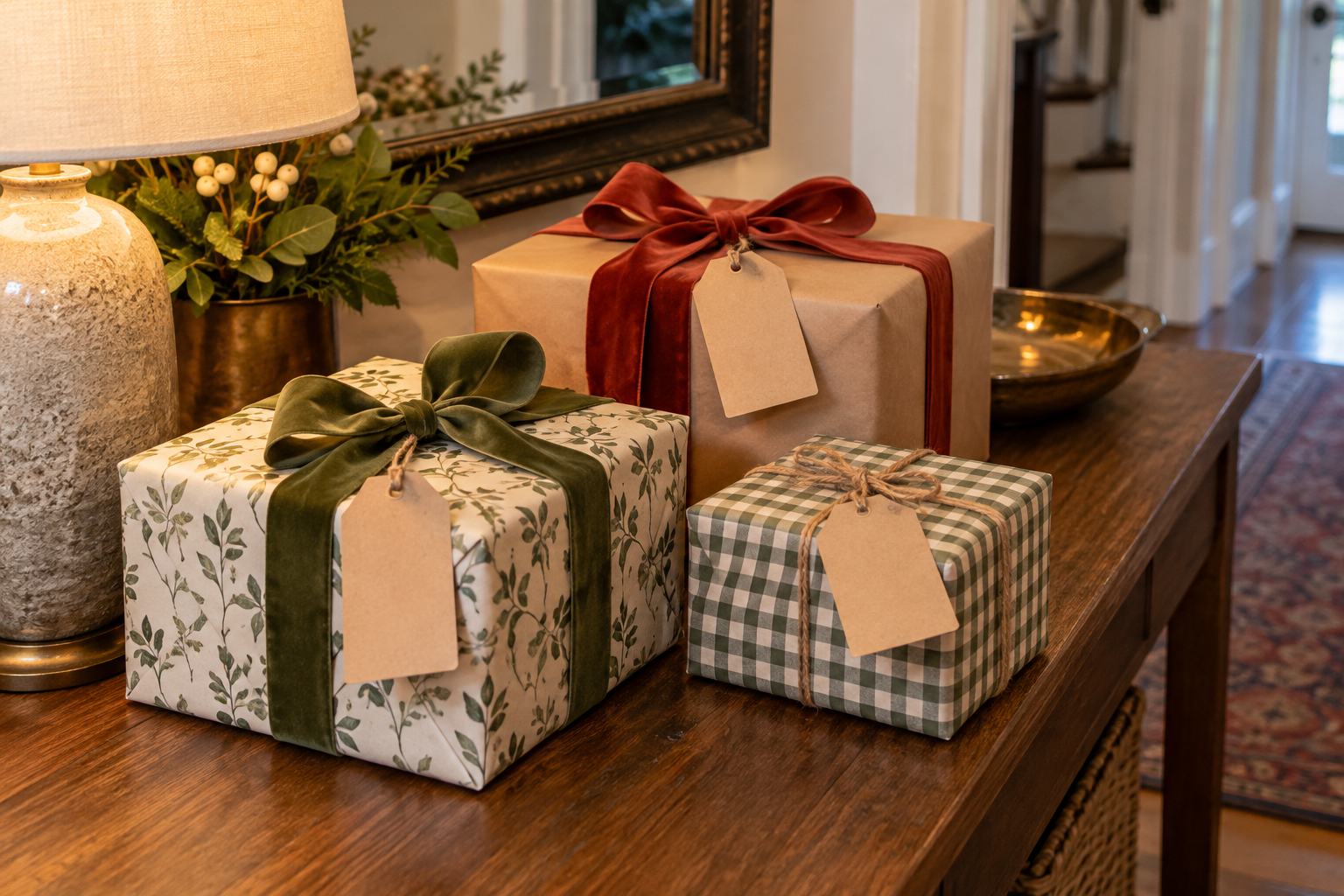 Wrapped gifts with paper tags on a hallway table
